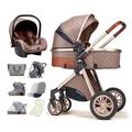 3 in 1 Baby Stroller for Newborn and Toddler,Multiple Functions High Landscape Baby Carriage,with Bassinet Mode,Foldable Pram in Baby Girls Boys with Rain Cover (Color : Brown)