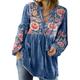 SHINROAD Womem Shirt Bohemian Style Top Women's V-neck Retro Flower Print Long Sleeve Loose Fit Drawstring Pullover Pleated Mid Length Patchwork Design Soft Blue 3XL