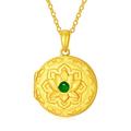 SOULMEET 14K Plated Gold Round Lotus Emerald Locket Necklace That Holds Two Pictures Natural Gemstone Locket Pendant Necklace with 20" 9K Gold Chain (Locket Only)