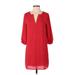 Everly Casual Dress - Mini Plunge 3/4 sleeves: Red Solid Dresses - Women's Size Small