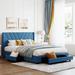 Blue Queen Storage Bed: Linen Upholstery, 3 Drawers