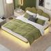 Green Pu Leather Upholstered Floating Platform Bed, Soft Foam Headboard, Solid Pine Frame, Under Bed Led Lights, Easy Assembly