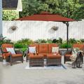 MeetLeisure 5 Pieces Patio Conversation Set Two Wicker Chairs One 3-Seat Sofas and Two Ottomans with 3.5-inch Seat Cushions Orange