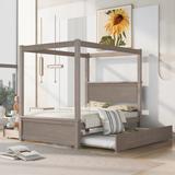 Light Brown Modern Pine Wood Full Size Canopy Platform Bed With Trundle Bed And 2 Drawers, Space-Saving Storage, Easy Assembly