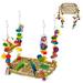 Hanging Bird Foraging Toy Seagrass Woven Bird Hammock Swing Mat with Colorful Wooden Blocks and Beads Bird Climbing Hammock Swing Toys Cute Conure Toys for Lovebirds Parakeets Conure