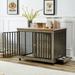 43 Dog Crate Wooden Dog Crate Table Furniture Decorative Pet Crate Dog House with Feeding Bowl Wheels Three Doors Flip-Up Top Opening for Large Medium Small Dog Indoor Use Grey