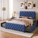 Blue Linen Upholstered Platform Bed: Storage Drawers, Tufted Headboard