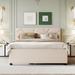 Beig Queen Linen Upholstered Bed Frame w/ Pull Out Trundle Bed Frame