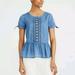 J. Crew Tops | J. Crew Blue Short Tie Sleeve Aztec Embroidered Blouse Peplum Hem Size 0 | Color: Blue/Red | Size: 0