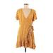 Xhilaration Casual Dress - Wrap Plunge Short sleeves: Yellow Stripes Dresses - Women's Size Medium