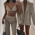 Sexy Glitter senza maniche Crop Top reggiseno 3 pezzi pantaloni tuta estate Blazer pantaloni a vita