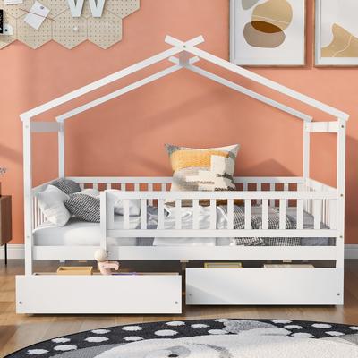 Twin/Full House Bed with 2 Storage Drawers, Kids Twin/Full Bed Frame with Rails and Roof, Tent Bed, Wooden Daybed Montessori Bed