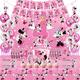 Minnie Birthday Party Supplies Set, Minnie Theme 1st Birthday Party Decoration And Tableware Include Plates, Banner, Hanging Swirl, Backdrop, Cake & Cupcake Topper, Napkins, Tablecloth (1st)