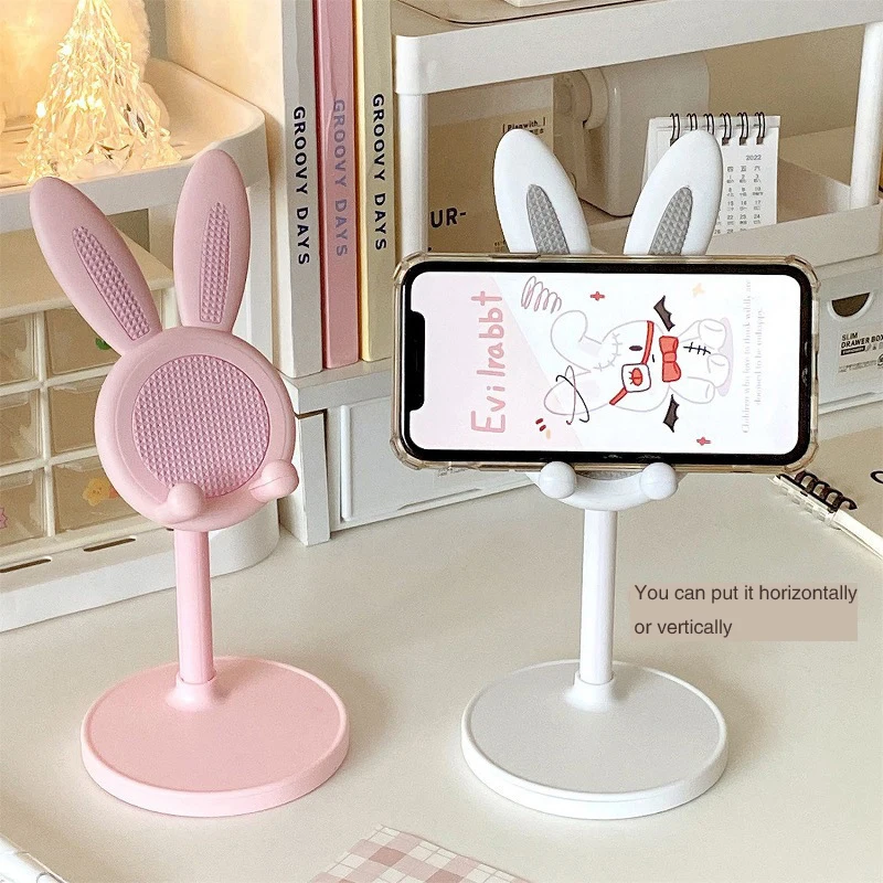 Rosa Handyhalter Desktop-Handyständer für iPhone 13, 14, Samsung Smartphone, verstellbar, schöne Kaninchen-Cartoon-Tischunterstützung Image