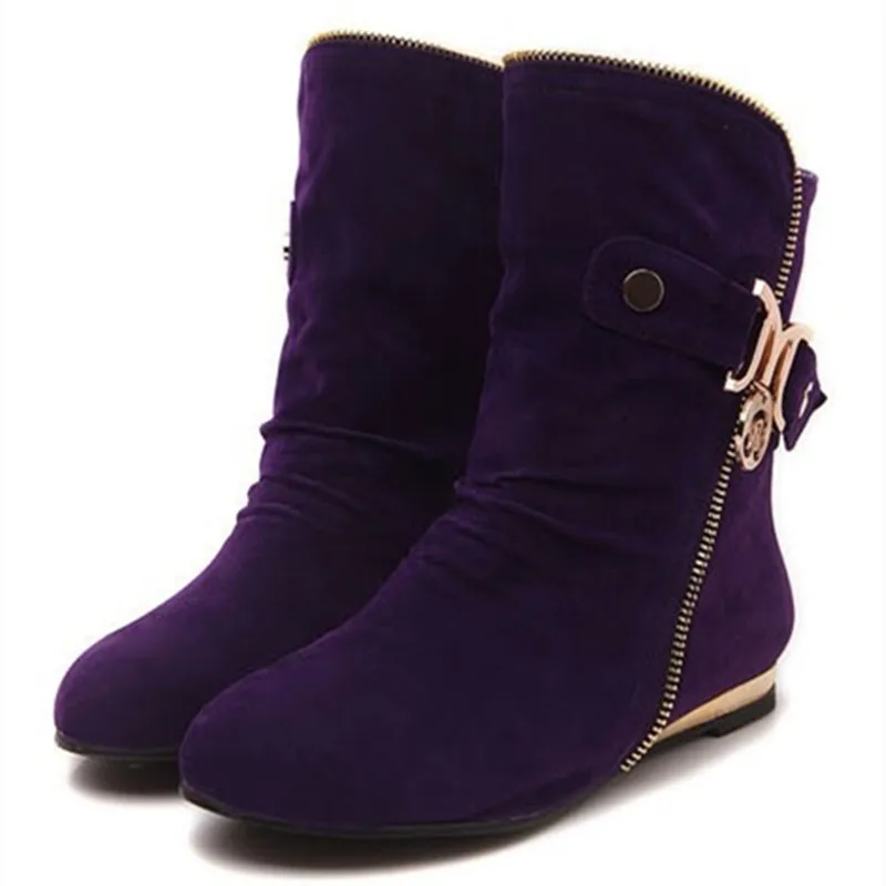 Dame Retro Rinding Stiefel Flock Große Größen 33-43 Warme Mujer Wohnungen Metall Ankle Botas Frauen Flattie Schuh Kurze herbst Booty Lila