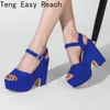 2025 Chic Sommer Flock Blau Rot Offene spitze Plattform Chunky High Heels Frau Schuhe Schnalle Frauen Sandalen Große Größe 43