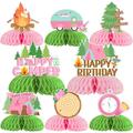 JOYMEMO 8 Pieces Camping Birthday Honeycomb Centerpieces Campfire Birthday 3D Table Decorations for Girl Letâ€™s Go Camping Welcome Camper Happy Birthday Table Toppers Birthday Photo Props