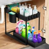 Hemoton Cabinet Storage Organizer Drawer Under Sink Sliding Organizer 2 Tier Slide Out Cabinet Storage Rack Bathroom Kitchen Organizer