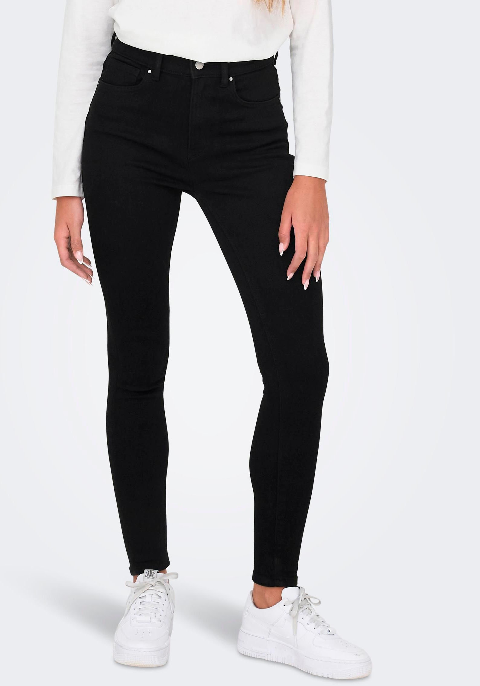 Skinny-fit-Jeans ONLY "ONLMILA HW SK ANK DNM BJ380 NOOS", Damen, Gr. 30, Länge 34, schwarz, Denim/Jeans, Obermaterial: 94% Baumwolle, 4% Polyester, 2% Elasthan, Abriebeffekte, skinny fit knöchelfrei, Jeans Image