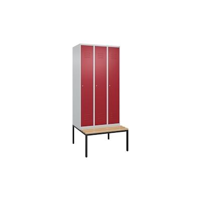 C+P Spind Classic PLUS, Buche untergebaute Sitzbank 3 Abteile, HxBxT 212x90x82cm, Zylinderschloss, Hellgrau/Rubinrot von PROREGAL Image