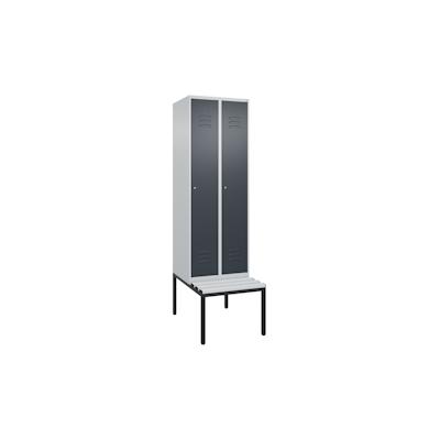 C+P Spind Classic PLUS, Kunststoff untergebaute Sitzbank, 2 Abteile, HxBxT 212x60x82cm, Zylinderschloss, Hellgrau/Anthrazit von PROREGAL Image