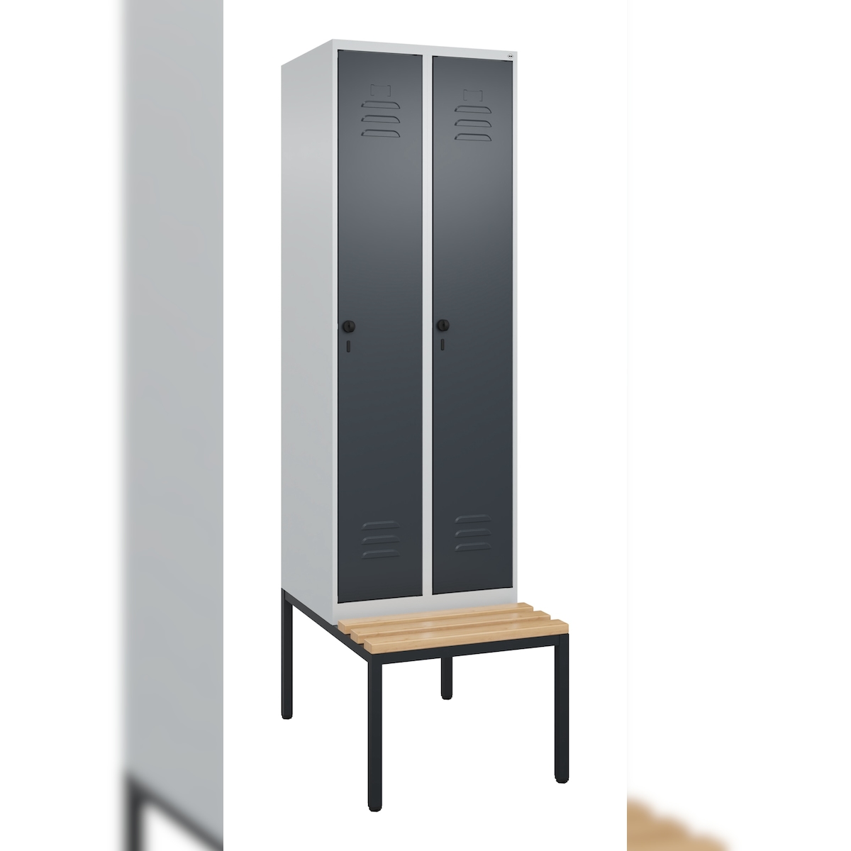 C+P Spind Classic PLUS, Buche untergebaute Sitzbank 2 Abteile, HxBxT 212x60x82cm, Sicherheitsdrehriegel, Hellgrau/Anthrazit von PROREGAL Image