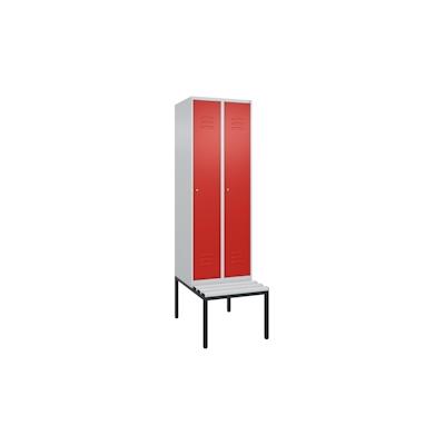 C+P Spind Classic PLUS, Kunststoff untergebaute Sitzbank, 2 Abteile, HxBxT 212x60x82cm, Zylinderschloss, Hellgrau/Rot von PROREGAL Image