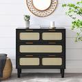 Bay Isle Home™ Modern Rattan Cabinet w/ Three Drawers Farmhouse Storage Drawer Chest Wood in Black | 31.25 H x 31.5 W x 13.75 D in | Wayfair