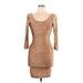 American Apparel Casual Dress - Bodycon Scoop Neck 3/4 sleeves: Tan Print Dresses - Women's Size Large