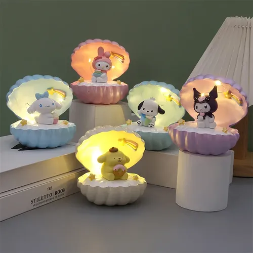 Sanrio My Melody Kuromi Nachtlicht Cinnamoroll Pompompurin Muscheln Zimmerlampe Puppe Geburtstagsgeschenk für Kinder Charm Ornament Spielzeug