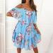 JIASEN Women s Spring/Summer New European and American Chiffon Printing Sexy Off Shoulder Strap Large Swing Ruffle Edge Dress