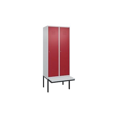 C+P Spind Classic PLUS, Kunststoff schwebende Sitzbank, 2 Abteile, HxBxT 212x80x82cm, Zylinderschloss, Hellgrau/Rubinrot von PROREGAL Image