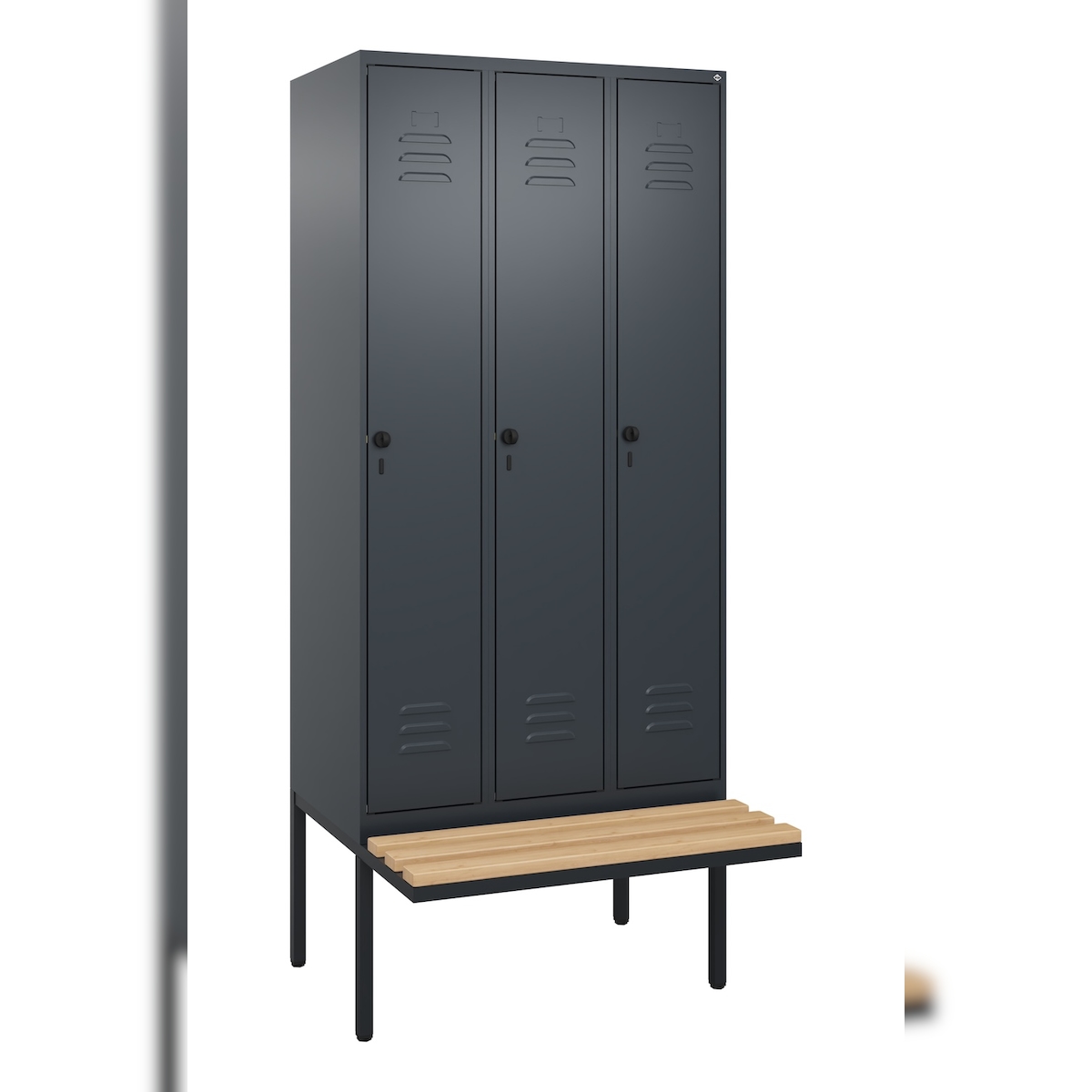 C+P Spind Classic PLUS, schwebender Sitzbank aus Buche 3 Abteile, HxBxT 212x90x82cm, Sicherheitsdrehriegel, Anthrazit von PROREGAL Image