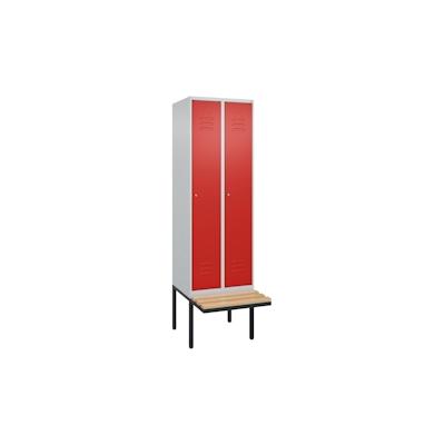 C+P Spind Classic PLUS, schwebender Sitzbank aus Buche 2 Abteile, HxBxT 212x60x82cm, Zylinderschloss, Hellgrau/Rot von PROREGAL Image