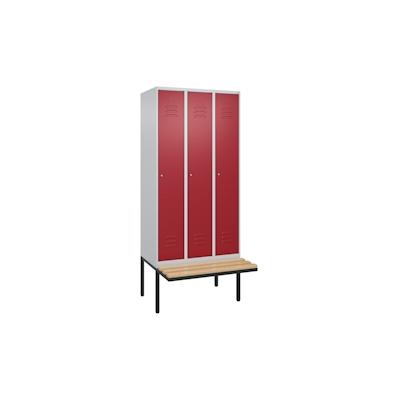 C+P Spind Classic PLUS, schwebender Sitzbank aus Buche 3 Abteile, HxBxT 212x90x82cm, Zylinderschloss, Hellgrau/Rubinrot von PROREGAL Image