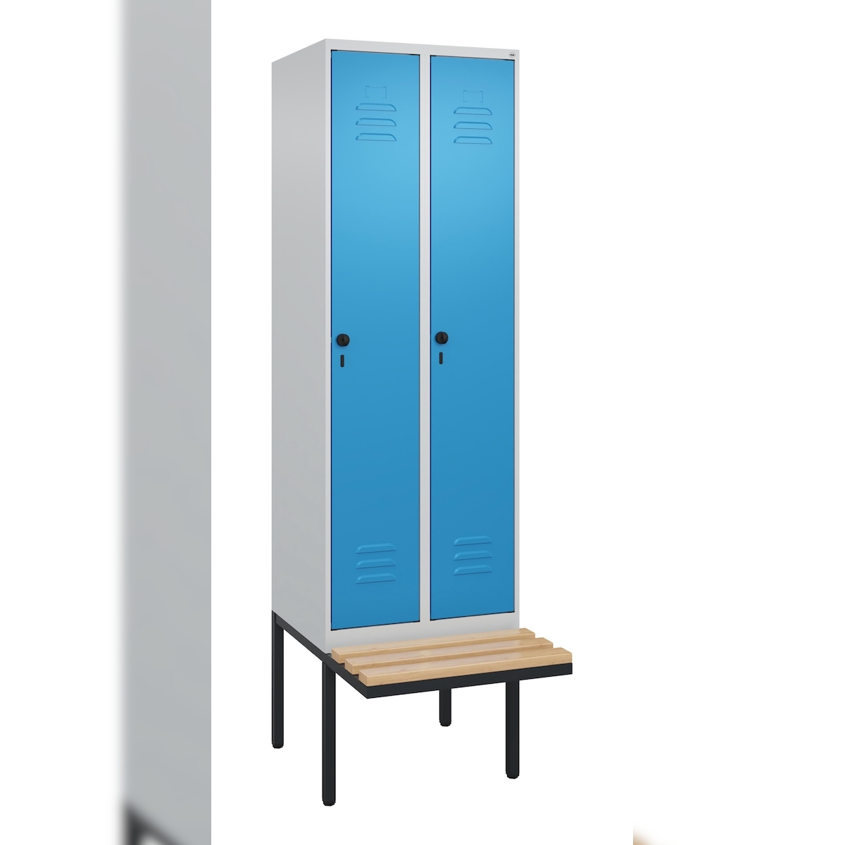 C+P Spind Classic PLUS, schwebender Sitzbank aus Buche 2 Abteile, HxBxT 212x60x82cm, Sicherheitsdrehriegel, Hellgrau/Lichtblau von PROREGAL Image