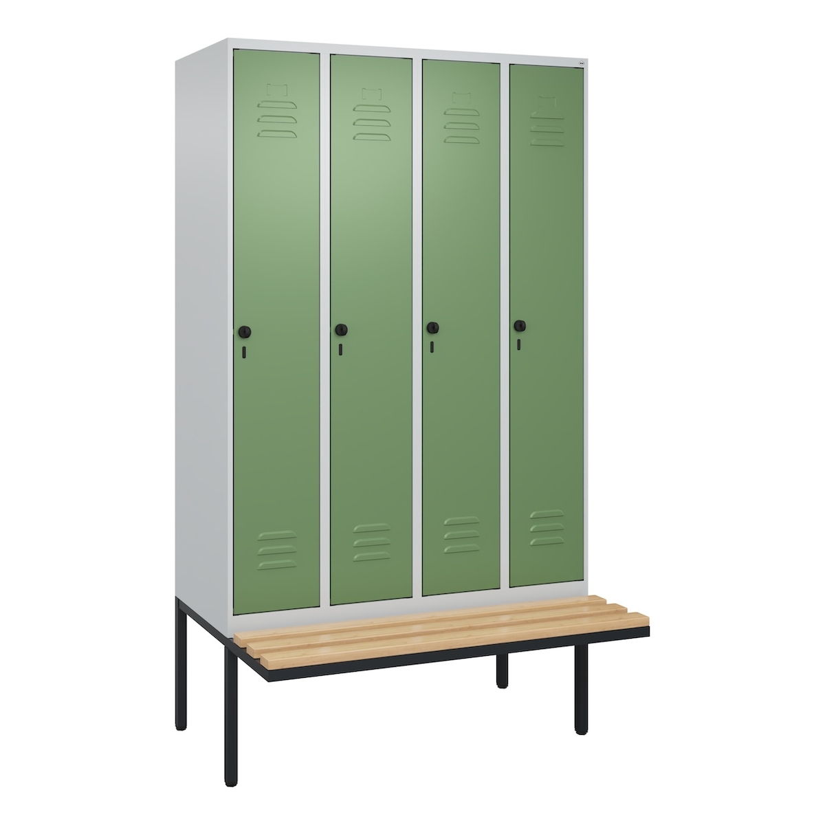 C+P Spind Classic PLUS, schwebender Sitzbank aus Buche 4 Abteile, HxBxT 212x120x82cm, Sicherheitsdrehriegel, Hellgrau/Resedagrün von PROREGAL Image