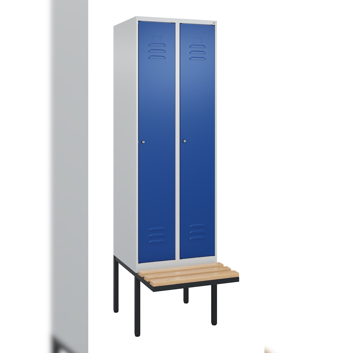 C+P Spind Classic PLUS, schwebender Sitzbank aus Buche 2 Abteile, HxBxT 212x60x82cm, Zylinderschloss, Hellgrau/Enzianblau von PROREGAL Image