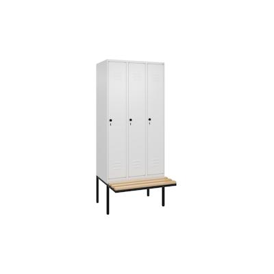 C+P Spind Classic PLUS, schwebender Sitzbank aus Buche 3 Abteile, HxBxT 212x90x82cm, Sicherheitsdrehriegel, Verkehrsweiß von PROREGAL Image