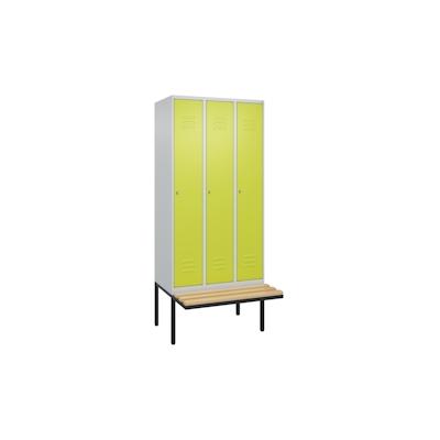 C+P Spind Classic PLUS, schwebender Sitzbank aus Buche 3 Abteile, HxBxT 212x90x82cm, Zylinderschloss, Hellgrau/Clowngrün von PROREGAL Image
