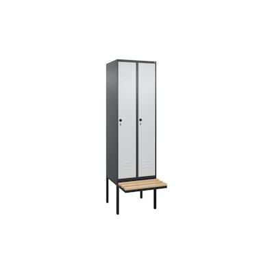 C+P Spind Classic PLUS, schwebender Sitzbank aus Buche 2 Abteile, HxBxT 212x60x82cm, Sicherheitsdrehriegel, Anthrazit/Hellgrau von PROREGAL Image