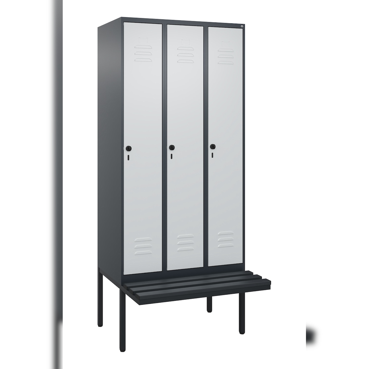 C+P Spind Classic PLUS, Kunststoff schwebende Sitzbank, 3 Abteile, HxBxT 212x90x82cm, Sicherheitsdrehriegel, Anthrazit/Hellgrau von PROREGAL Image