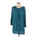 Lands' End Casual Dress - Shift V Neck 3/4 sleeves: Teal Print Dresses - Women's Size Large