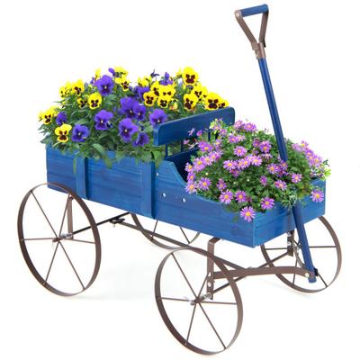 Costway Wooden Wagon Plant Bed with Metal Wheels for Garden Yard Patio-Blue