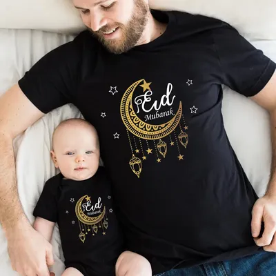 Eid Mubarak Druck Familie Passenden Shirts Baumwolle Papa Mama Kinder Tees Tops Baby Strampler