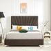 Luxurious & Elegant Upholstered Platform Bed w/ Electroplate Legs and Stripe Headboard, Wood Slat Support Full Bed Frame - Brown