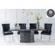 Naples Marble Dining Table Set, Rectangular Black Top and Pedestal Base with Black Fabric Lion Knocker Back Chairs with Chrome Legs