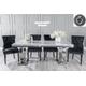 Glacier Marble Dining Table Set, Rectangular Grey Top and Ring Chrome Base and Black Fabric Knocker Back Chairs with Black Legs