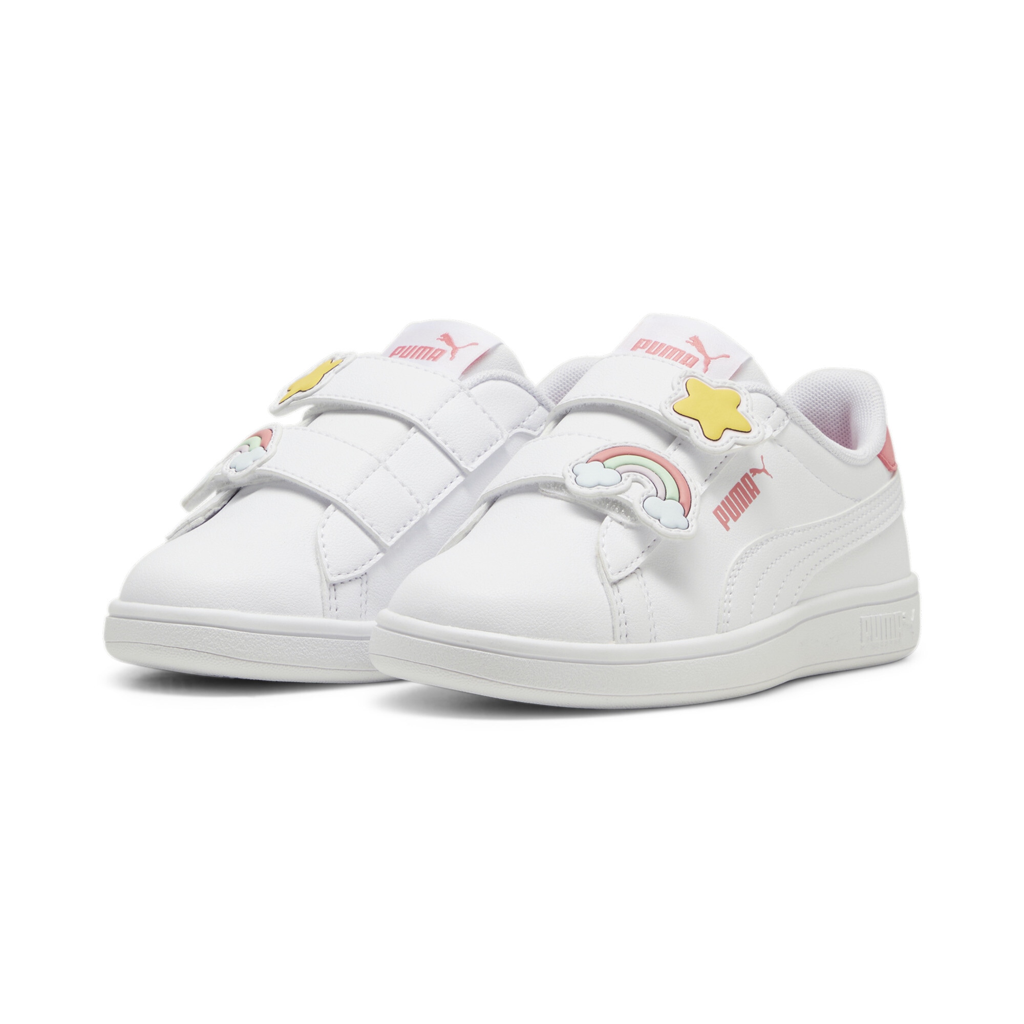 Sneaker PUMA "PUMA Smash 3.0 Badges Sneakers Mädchen", Damen, Gr. 34, pink (weiß passionfruit pink), Obermaterial: Textil, Synthetik. Futter: Textil. Innensohle: Textil. Laufsohle: Gummi, Schuhe Sneaker