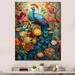 Bungalow Rose Colorful Of Blue Peacock In Flowerfield On Canvas Print Metal in Blue/Green/Orange | 40 H x 30 W x 1.5 D in | Wayfair